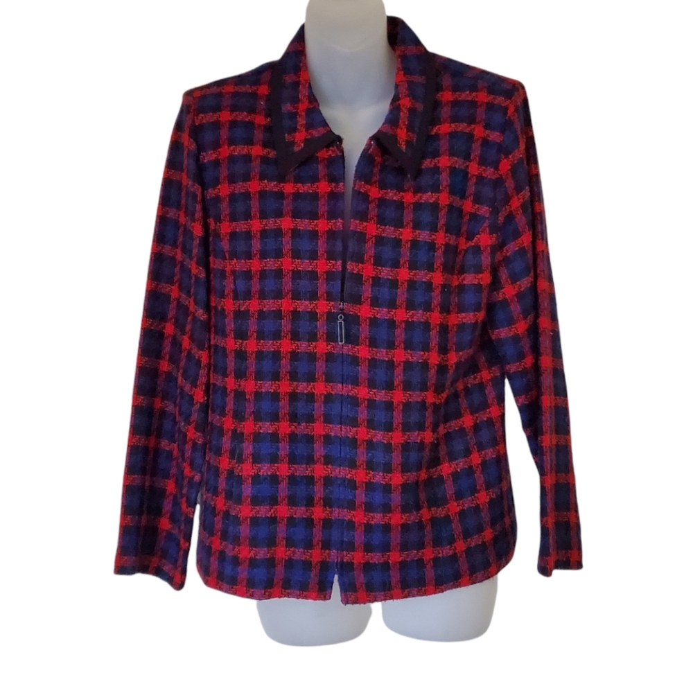 SAG HARBOR Casual Ware Red & Blue Plaid Shacket Zip Front Womens Petite Medium - Picture 3 of 6